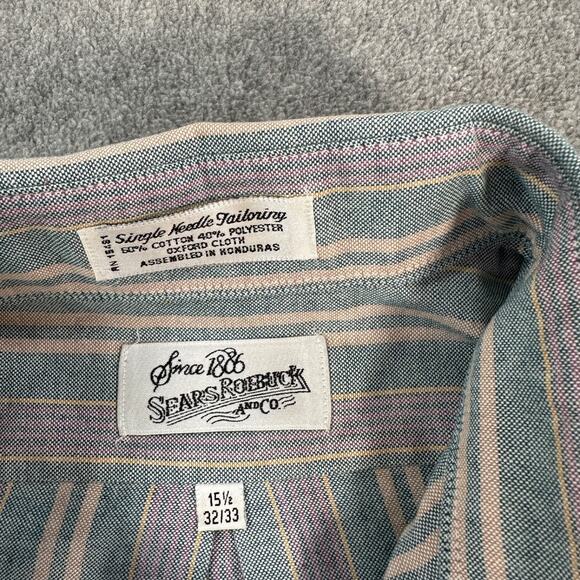 Vtg Sears Roebuck Single Needle Tailoring Button Up Striped Men's 15-1/2 32/33 - Picture 5 of 8